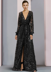 Elegant Black V-neck A-Line Lace Sequined Mother of Bride Dress Long-sleeved Evening Gown Long Formal Dress HZ1024