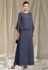 Elegant Chiffon Long-sleeved Two Piece Mother of Bride Dress Jewel Neck Evening Gown Long Formal Dress HZ1024