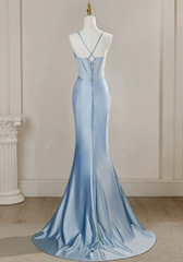 Vintage Sky Blue Applique Sequin Sheath Sweetheart Satin Evening Gown Spaghetti Strap Party Dress Slit Ruffled Long Formal Dress HZ1024