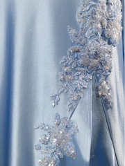 Vintage Sky Blue Applique Sequin Sheath Sweetheart Satin Evening Gown Spaghetti Strap Party Dress Slit Ruffled Long Formal Dress HZ1024