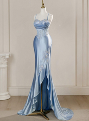 Vintage Sky Blue Applique Sequin Sheath Sweetheart Satin Evening Gown Spaghetti Strap Party Dress Slit Ruffled Long Formal Dress HZ1024