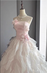 Chic Light Pink A-Line Evening Gown Strapless 3D Flowers Ball Gown Long Ruffled Tulle Formal Dress HZ1024