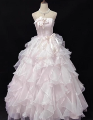 Gorgeous Pink Ribbon Bow Sweet 16 Quinceanera A-Line Strapless Evening Dress Ball Gown HZ1024