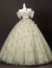 Elegant Light Green Tulle Floral Sweet 16 Quinceanera A-Line Off-the-shoulder Evening Dress Long Ball Gown HZ1024
