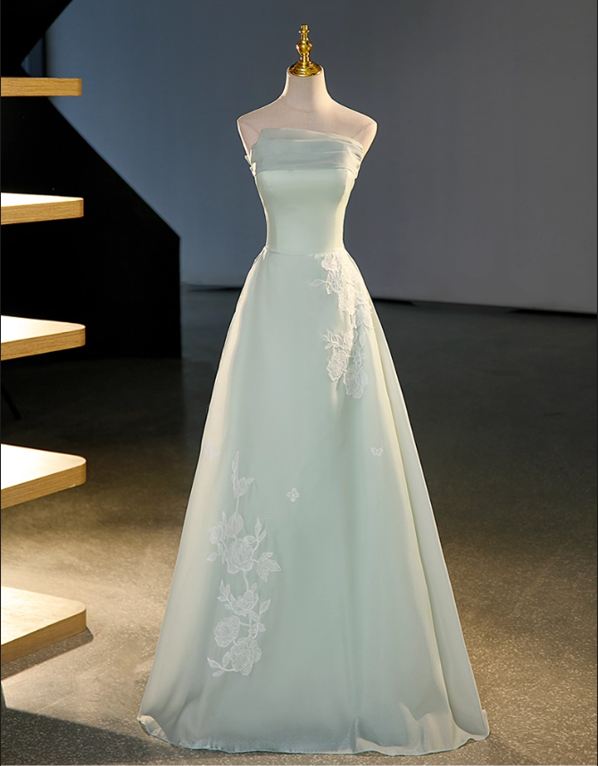Vintage Sage Green A-Line Applique Evening Gown Satin Strapless Party Dress Long Formal Dress HZ1024