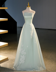 Vintage Sage Green A-Line Applique Evening Gown Satin Strapless Party Dress Long Formal Dress HZ1024