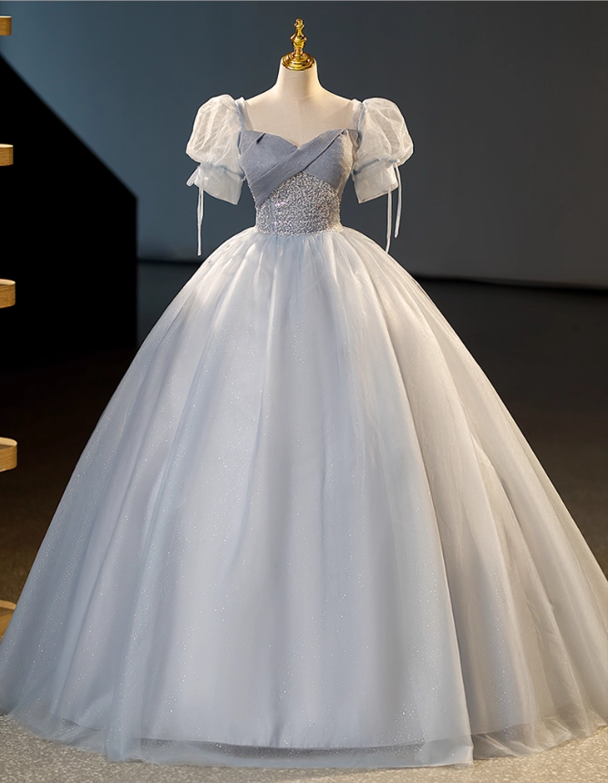 Elegant Dusty Blue A-Line Beaded Evening Gown Tulle Short-sleeved Party Dress Long Formal Dress HZ1024