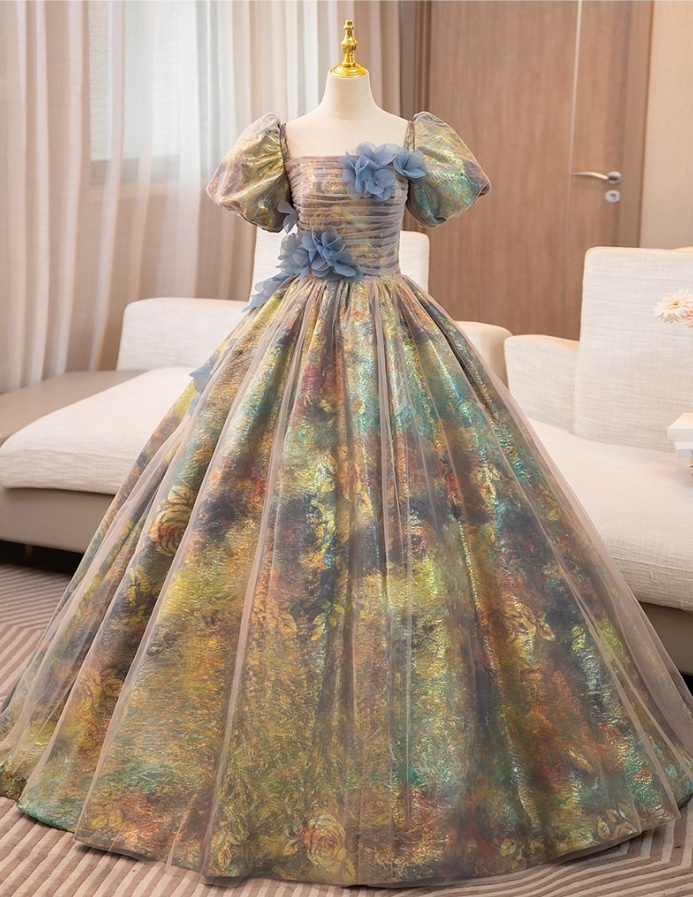 Vintage Court Retro Style Sweet 16 Quinceanera 3D Flowers Short-sleeved Evening Dress Long Ball Gown HZ1024