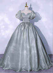 Vintage Greyish-green Satin A-Line Evening Gown Sweetheart Puffy Sleeve Party Dress Long Formal Dress HZ1024