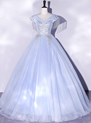 Vintage Sky Blue Tulle Beaded A-Line Evening Gown V-neck Cap Sleeves Party Dress Long Formal Dress HZ1024