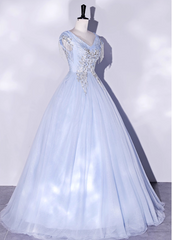 Vintage Sky Blue Tulle Beaded A-Line Evening Gown V-neck Cap Sleeves Party Dress Long Formal Dress HZ1024