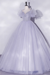 Vintage Hazy Blue Tulle Beaded A-Line Evening Gown Short-sleeved Party Dress Long Formal Dress HZ1024