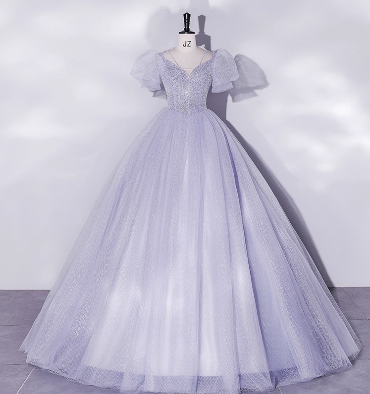 Vintage Hazy Blue Tulle Beaded A-Line Evening Gown Short-sleeved Party Dress Long Formal Dress HZ1024