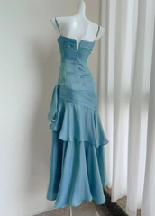 Vintage Sweetheart Sheath Spaghetti Strap Evening Dress Ruffled Long Prom Dress HZ1024