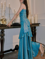 Vintage Sweetheart Sheath Spaghetti Strap Evening Dress Ruffled Long Prom Dress HZ1024