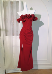 Vintage Red 3D Flowers Sheath Off-the-shoulder Evening Dress Slit Long Prom Dress HZ1024