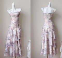 Vintage Lilac Floral Mermaid Spaghetti Strap Evening Dress Long Prom Dress HZ1024