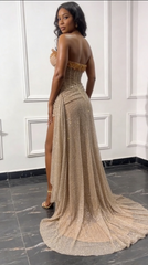 Gorgeous Champagne Strapless Evening Gown Leg Slit Mermaid Long Prom Dress