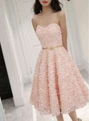 Cute Pink Floral Lace Short Sweetheart Romantic Party Dress, Teen Formal Dress