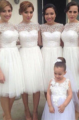A-line Short Sleeves Knee-length Lace Tulle Bridesmaid Dresses