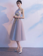 Halter Tulle Tea Length Party Dresses, Lovely Vintage Formal Dress, Homecoming Dress with Applique