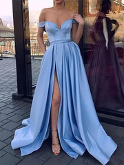 Off the Shoulder Satin Yellow Prom Dress With Belt