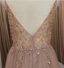A Line V Neck Grey Beaded Long Prom Dress with Split,Formal Dresses