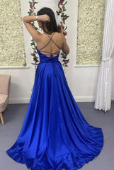 Royal Blue V-neck Long Prom Dress with Slit