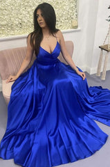 Royal Blue V-neck Long Prom Dress with Slit