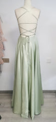 Simple A Line Sage Green Long Prom Dress With Slit Evening Party Dress KX79