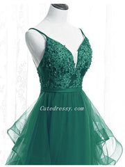 Green Lace and Tulle A-line Layers Long Prom Dress Party Dress, Green Evening Dresses