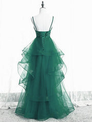 Green Lace and Tulle A-line Layers Long Prom Dress Party Dress, Green Evening Dresses
