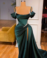 Sexy Dark Green Satin Mermaid Prom Dresses 2022 Spaghetti Straps Pleats Seep Train Formal Evening Occasion Pageant Gowns SA1038