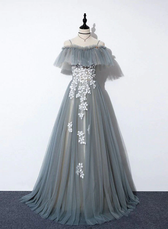 Grey Off Shoulder Straps Tulle with Lace Long Party Dress, Grey Formal Dress 2022