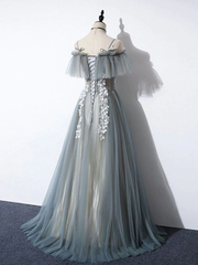 Grey Off Shoulder Straps Tulle with Lace Long Party Dress, Grey Formal Dress 2022