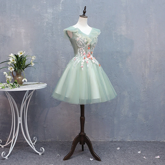 Cute Short Tulle V-neckline with Flower Lace Party Dress Homecoming Dress, Short Formal Dresses