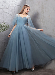 Blue Tulle Long Evening Simple Party Dresses, Blue Formal Gown Bridesmaid Dresses