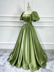Green Satin Short Sleeves Long Evening Party Dresses, Green Formal Party Dresses