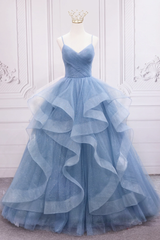 Blue Tulle Layers Long Party Dress Prom Dress, Beautiful Sweet 16 Dresses
