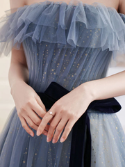Blue Sweetheart Off Shoulder Long Party Dress, Blue Formal Gown Evening Dress