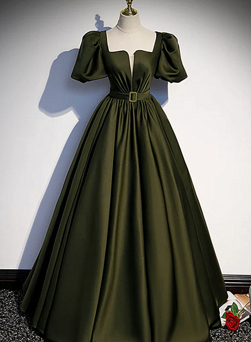 Charming Dark Green Puffy Sleeves Long Evening Gown, Satin Floor Length Prom Dress