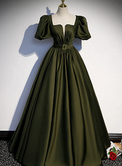 Charming Dark Green Puffy Sleeves Long Evening Gown, Satin Floor Length Prom Dress