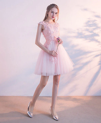 Pink Tulle with Lace and Flowers Short Prom Dresses, Pink Tulle Homecoming Dress