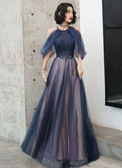 A-line Halter Tulle Floor Length Prom Dress, Blue Long Party Dresses