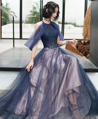 A-line Halter Tulle Floor Length Prom Dress, Blue Long Party Dresses