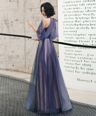 A-line Halter Tulle Floor Length Prom Dress, Blue Long Party Dresses