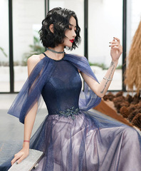 A-line Halter Tulle Floor Length Prom Dress, Blue Long Party Dresses