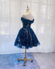 Cute Navy Blue Tulle Short Homecoming Dress, Blue Off Shoulder Prom Dress