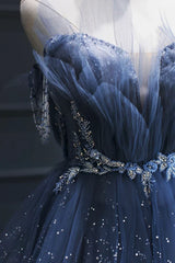 Vintage Blue Beaded Design Elegant A-Line Chiffon Tulle Evening Dress Prom Dress HZ1024