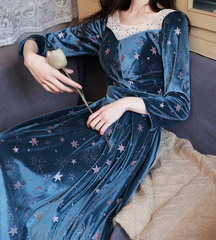Blue Velvet Prom Dress A-line Evening Dress,Long Sleeves Prom Party Dresses